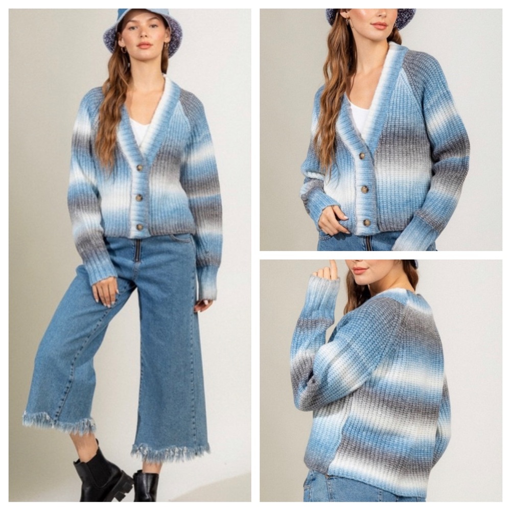 Blue ombré button up cardigan knit sweater super soft